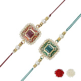Colourful Beads And Meenakari Rakhi with Roli Chawal & Card (Pack of 2)