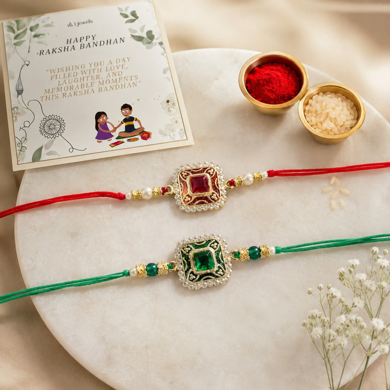 Colourful Beads And Meenakari Rakhi with Roli Chawal & Card (Pack of 2)