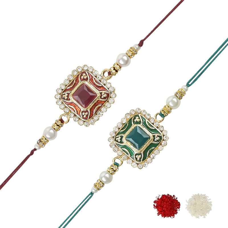 Colourful Beads And Meenakari Rakhi with Roli Chawal & Card (Pack of 2)