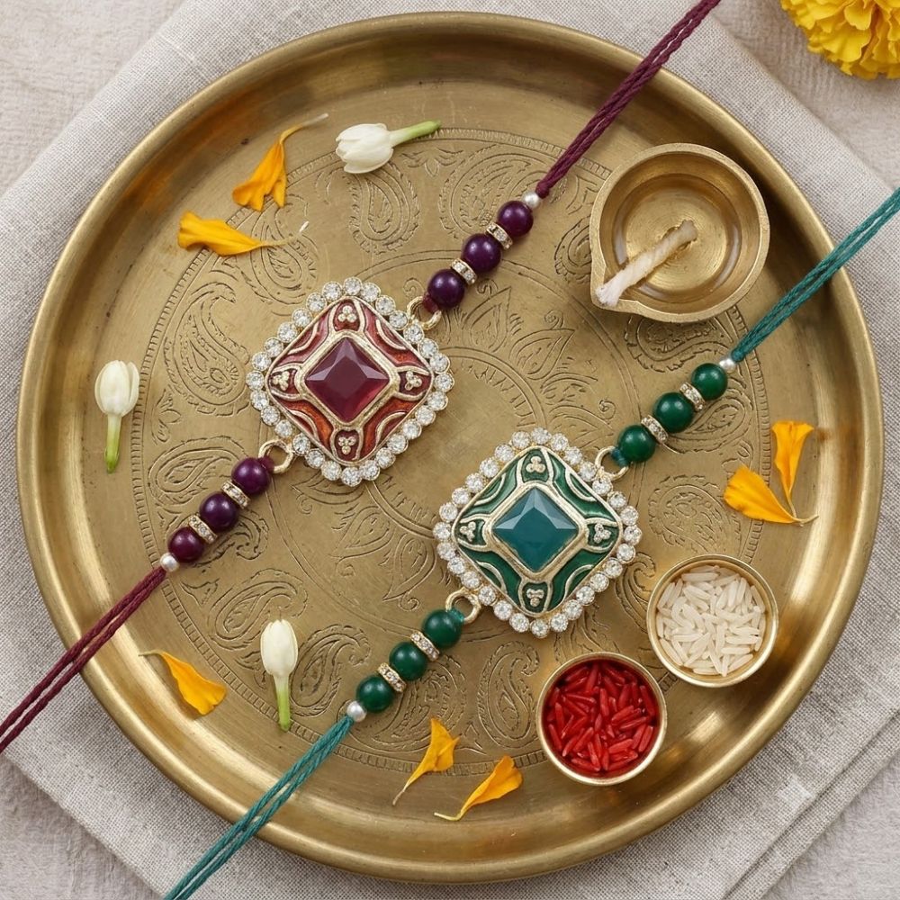 Colourful Beads And Meenakari Rakhi with Roli Chawal & Card (Pack of 2)