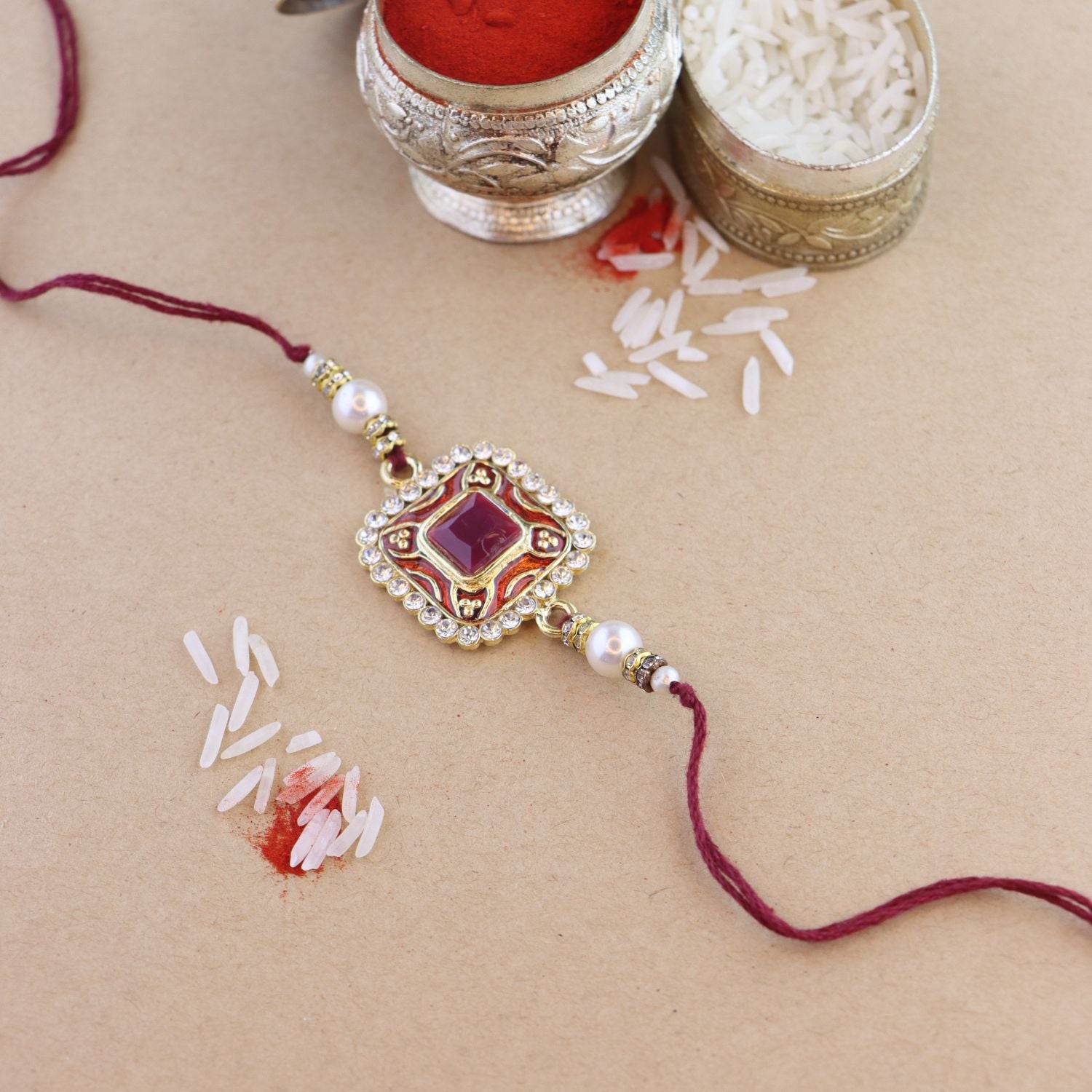 Colourful Beads And Meenakari Rakhi with Roli Chawal & Card
