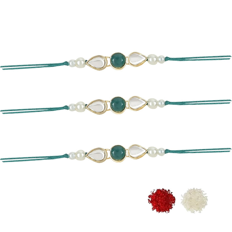 Dazzling Pearl Kundan Stone Rakhi with Roli Chawal & Card (Pack of 3)