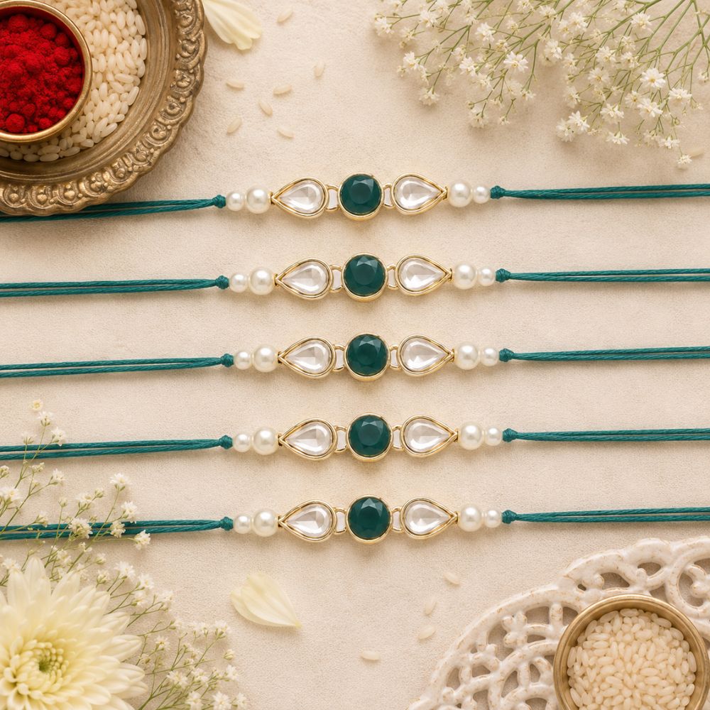 Dazzling Pearl Kundan Stone Rakhi with Roli Chawal & Card (Pack of 6)