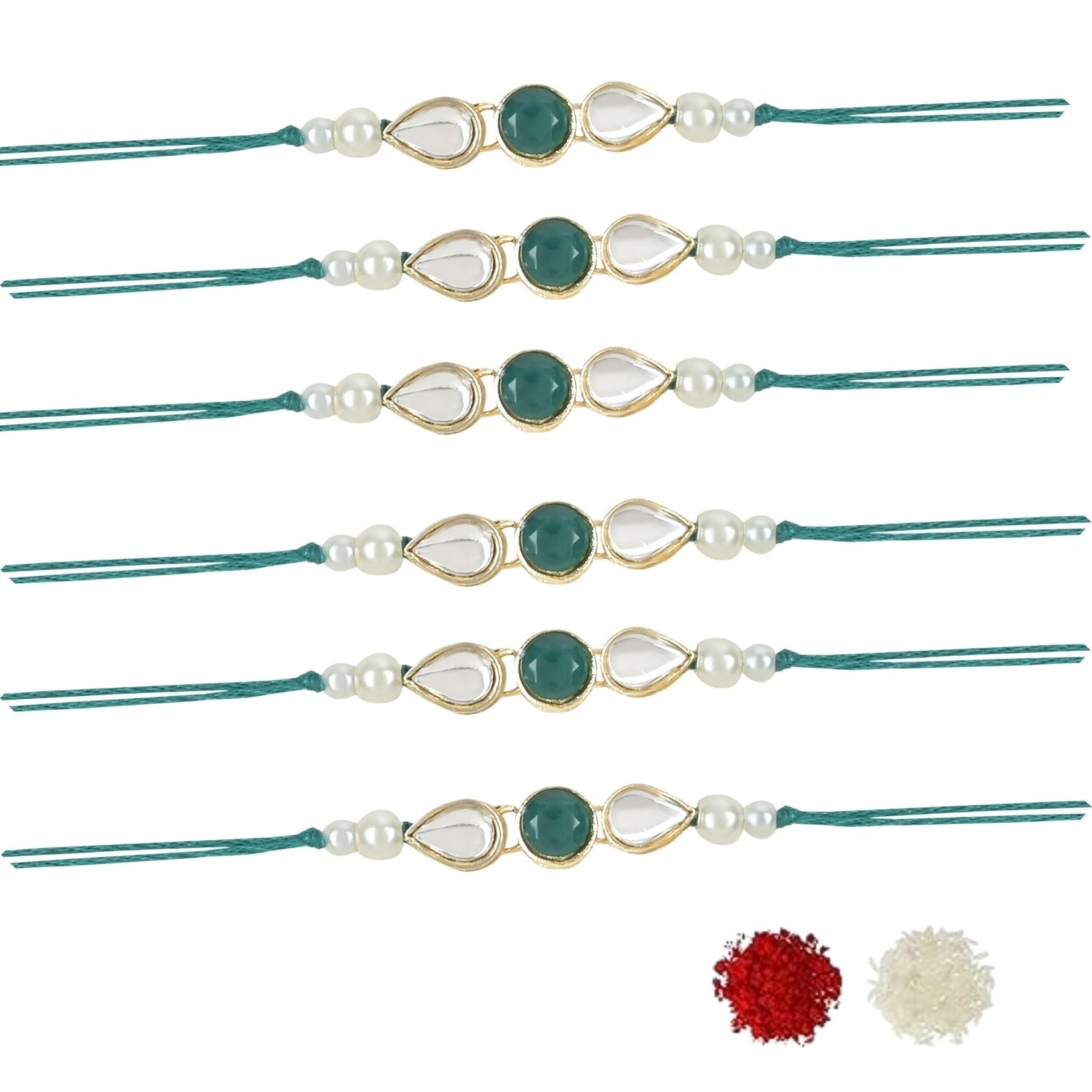 Dazzling Pearl Kundan Stone Rakhi with Roli Chawal & Card (Pack of 3)
