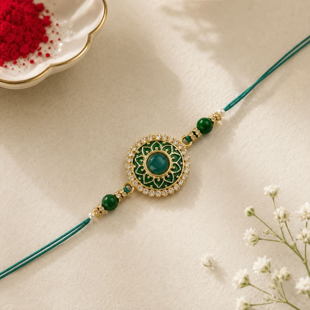 Colourful Beads And Meenakari Rakhi with Roli Chawal & Card