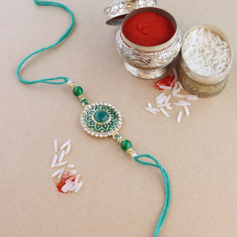 Colourful Beads And Meenakari Rakhi with Roli Chawal & Card