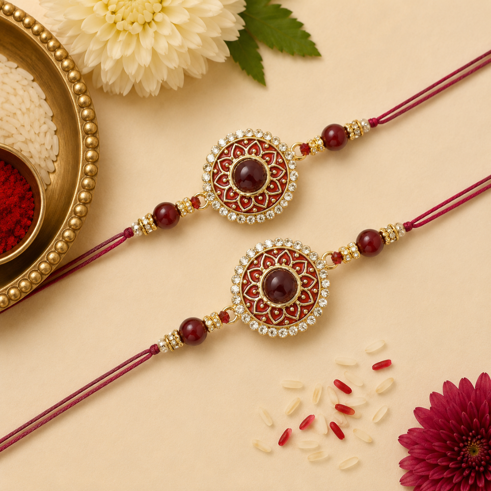 Colourful Beads And Meenakari Rakhi with Roli Chawal & Card (Pack of 2)