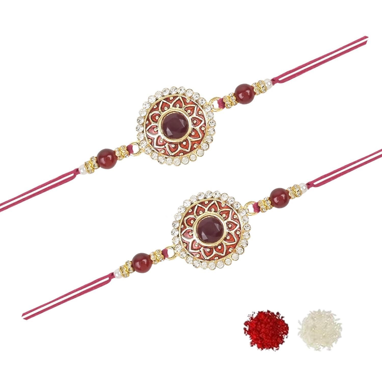 Colourful Beads And Meenakari Rakhi with Roli Chawal & Card (Pack of 2)