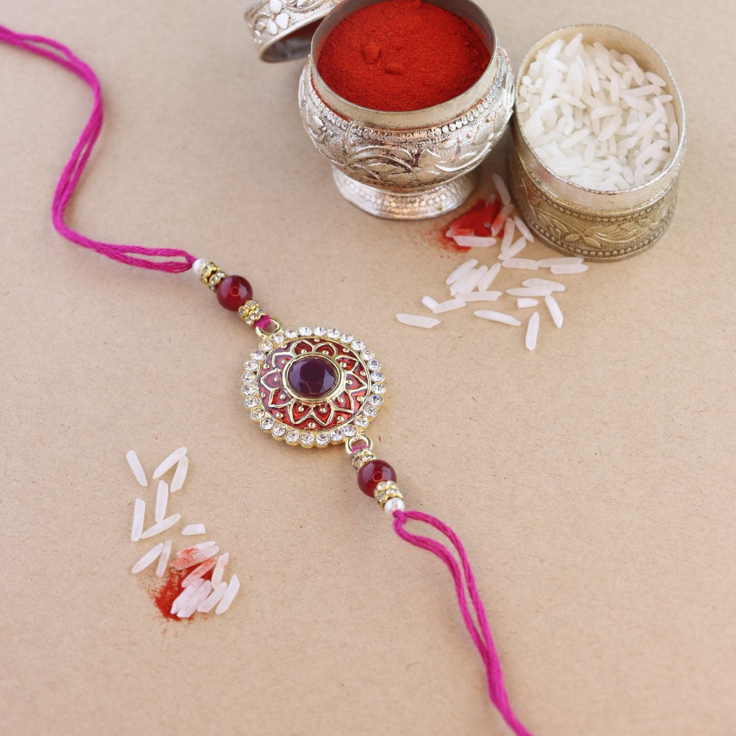 Colourful Beads And Meenakari Rakhi with Roli Chawal & Card