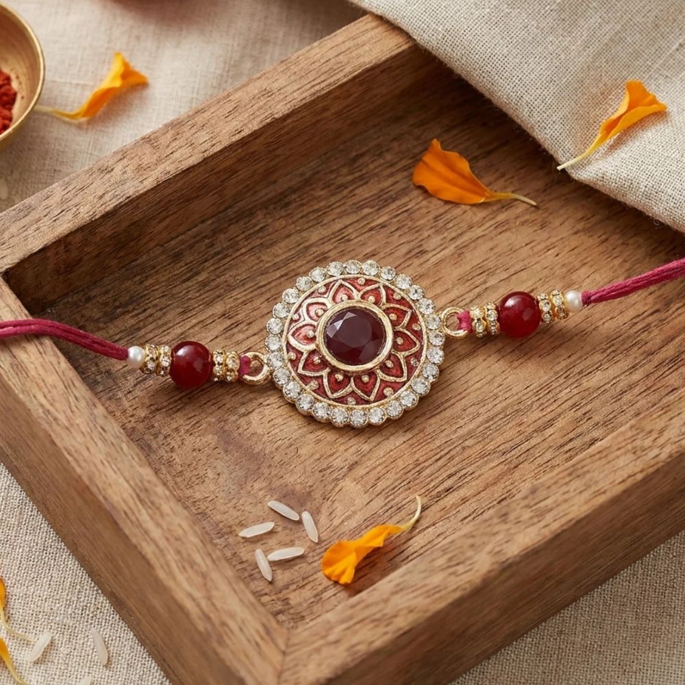 Colourful Beads And Meenakari Rakhi with Roli Chawal & Card