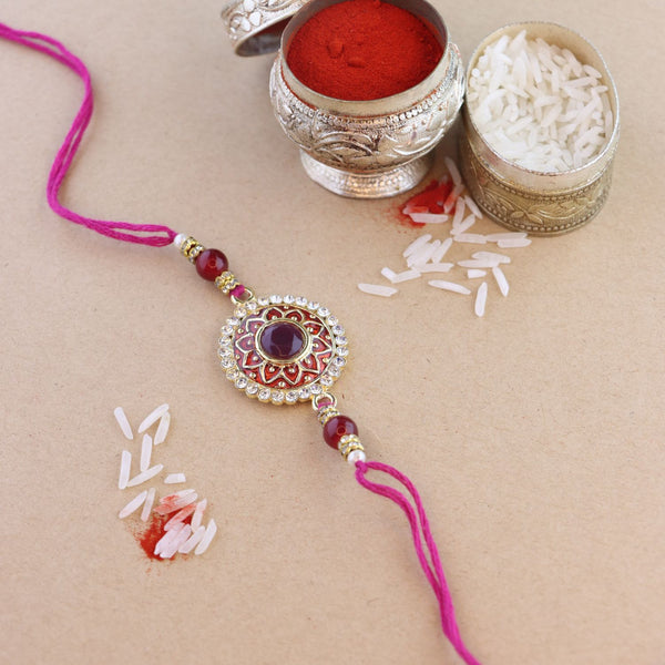 Colourful Beads And Meenakari Rakhi with Roli Chawal & Card