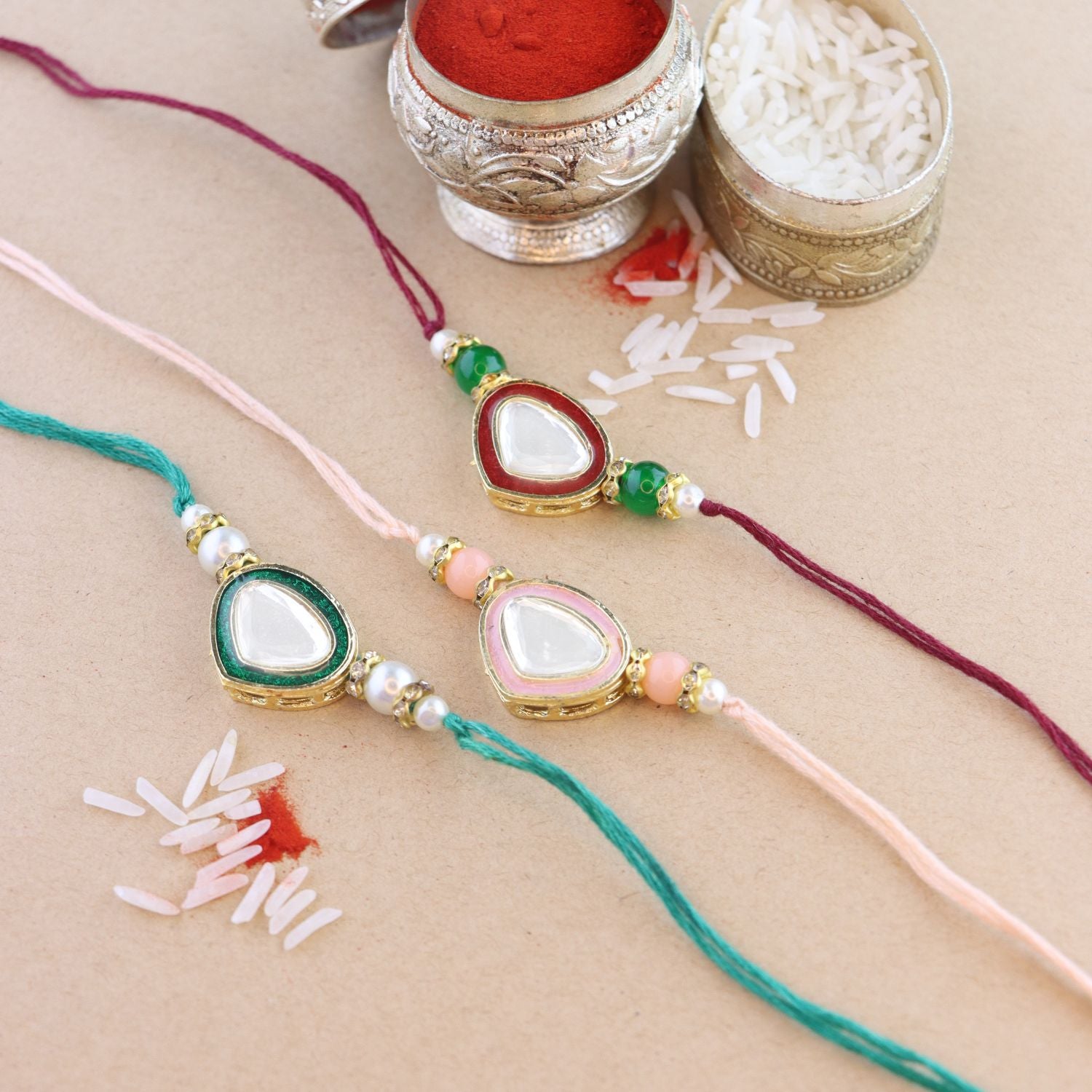 Dazzling Pearl Kundan Stone Rakhi with Roli Chawal & Card (Pack of 3)
