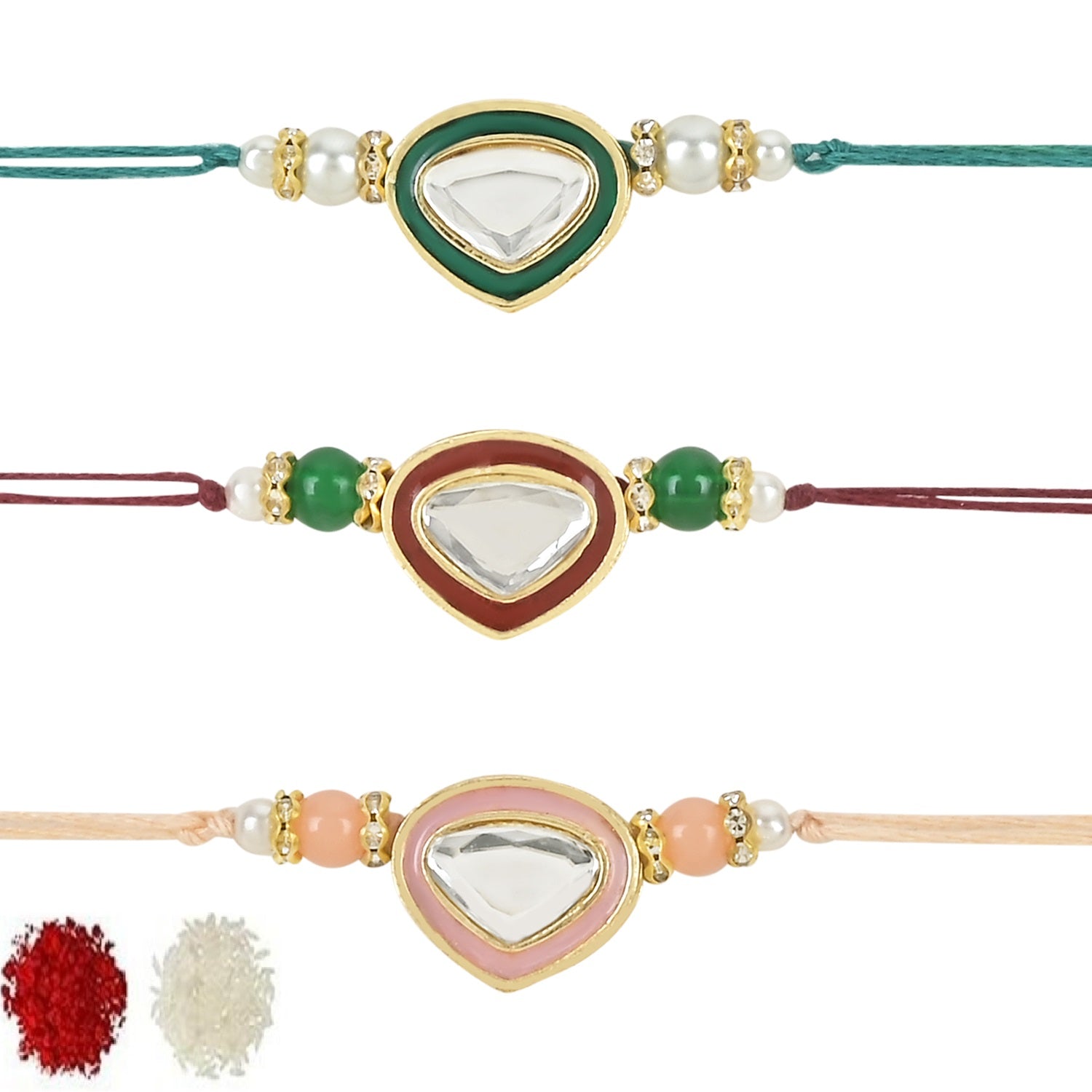 Dazzling Pearl Kundan Stone Rakhi with Roli Chawal & Card (Pack of 3)