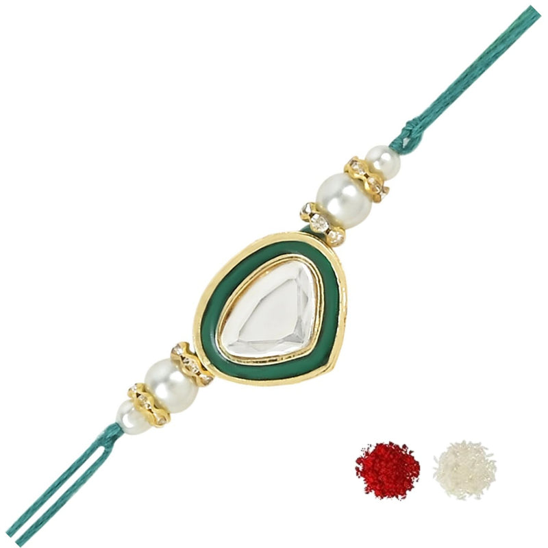 Dazzling Pearl Kundan Stone Rakhi with Roli Chawal & Card