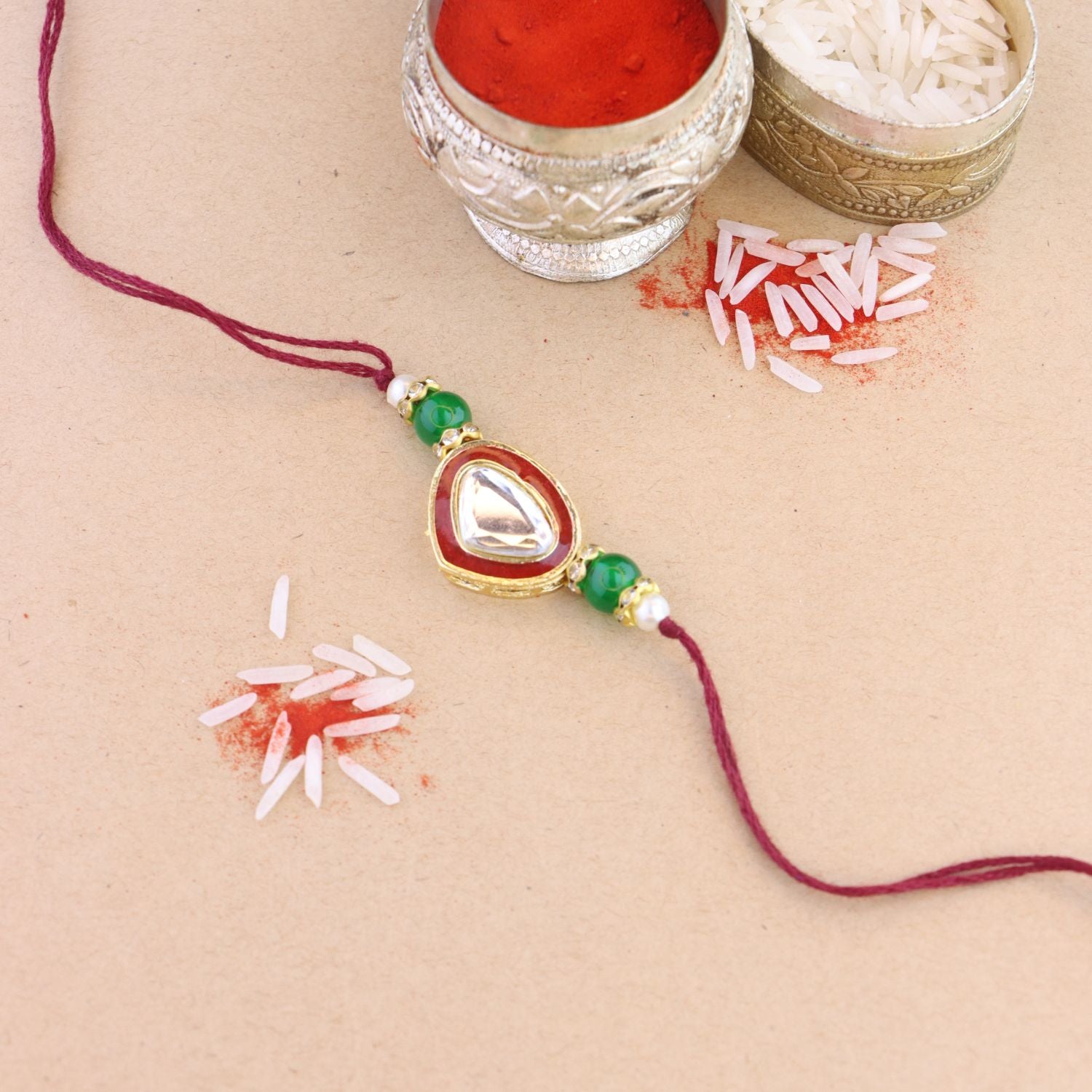 Dazzling Pearl Kundan Stone Rakhi with Roli Chawal & Card