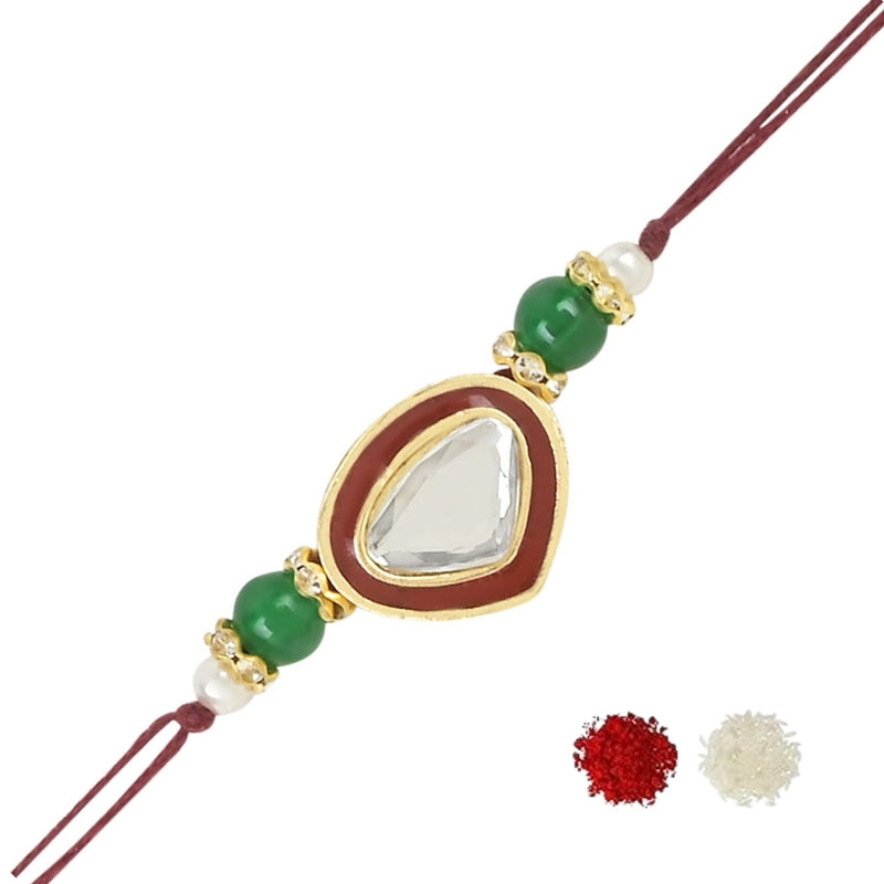 Dazzling Pearl Kundan Stone Rakhi with Roli Chawal & Card