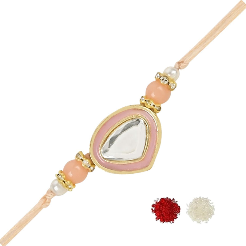 Dazzling Pearl Kundan Stone Rakhi with Roli Chawal & Card