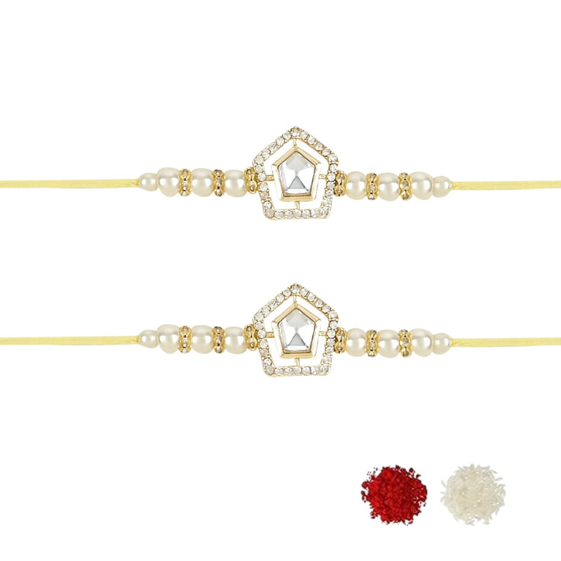 Dazzling Pearl Kundan Stone Rakhi with Roli Chawal & Card (Pack of 2)