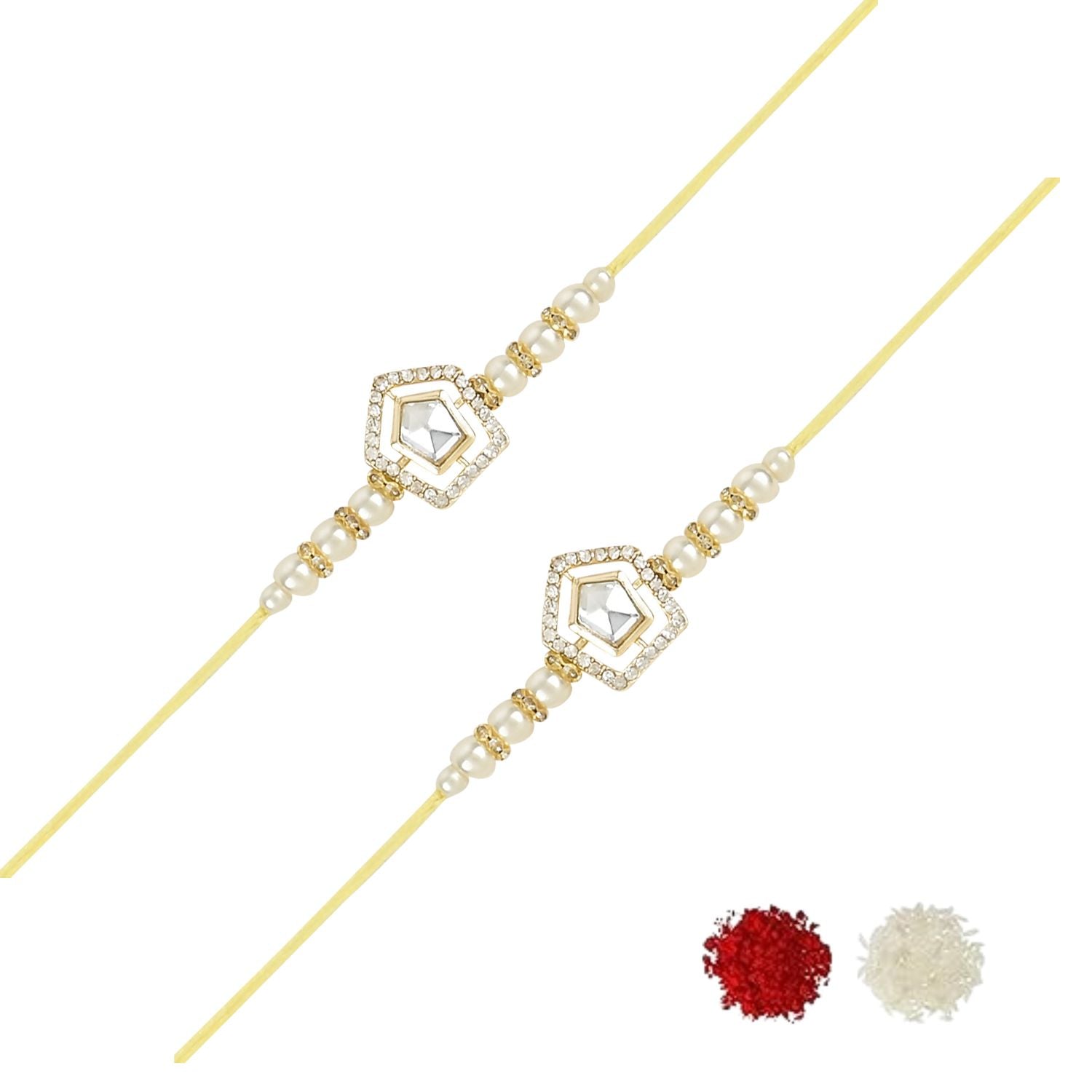 Dazzling Pearl Kundan Stone Rakhi with Roli Chawal & Card (Pack of 2)