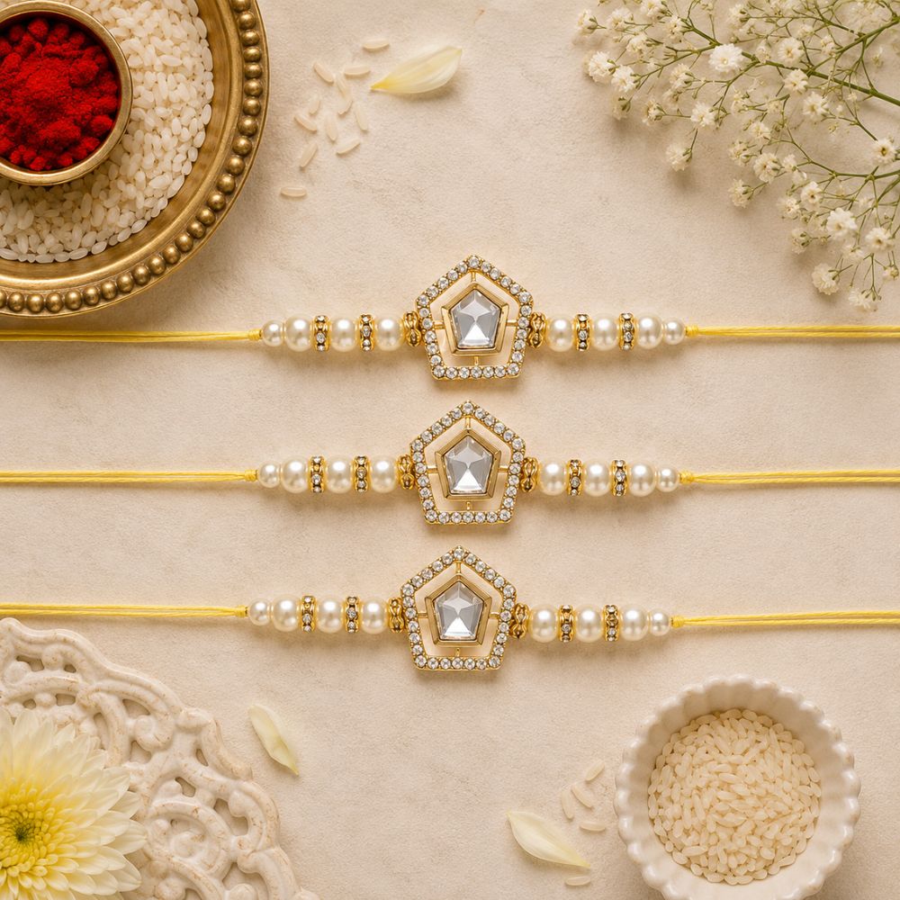 Dazzling Pearl Kundan Stone Rakhi with Roli Chawal & Card (Pack of 3)