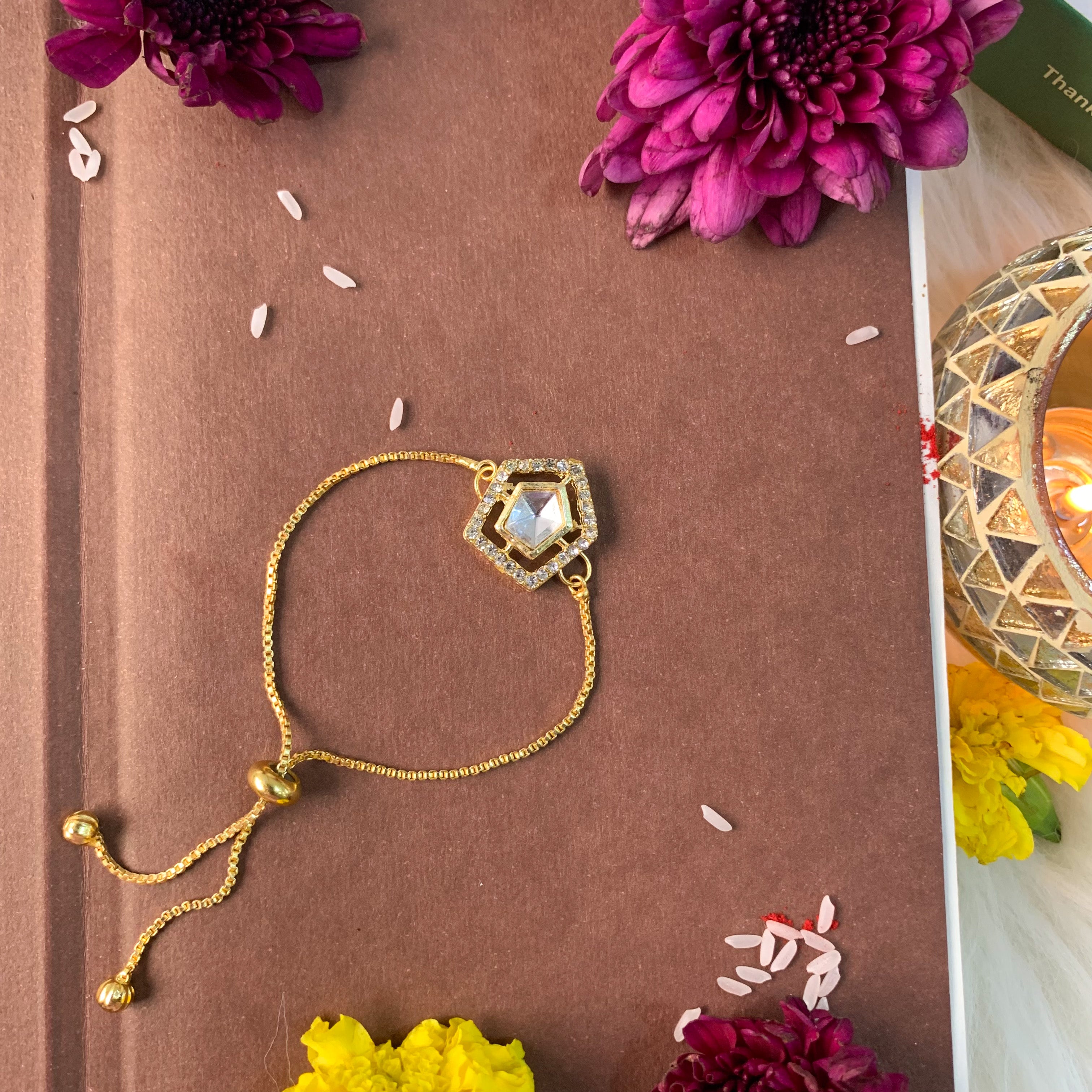 "Special Golden Tone Bracelet Style Bhabhi Rakhi "