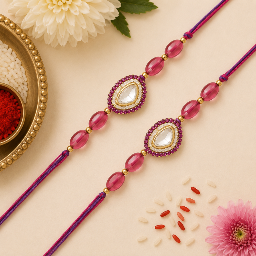 Beautiful Kundan & Pearl Rakhi with Roli Chawal & Card (Pack of 2)