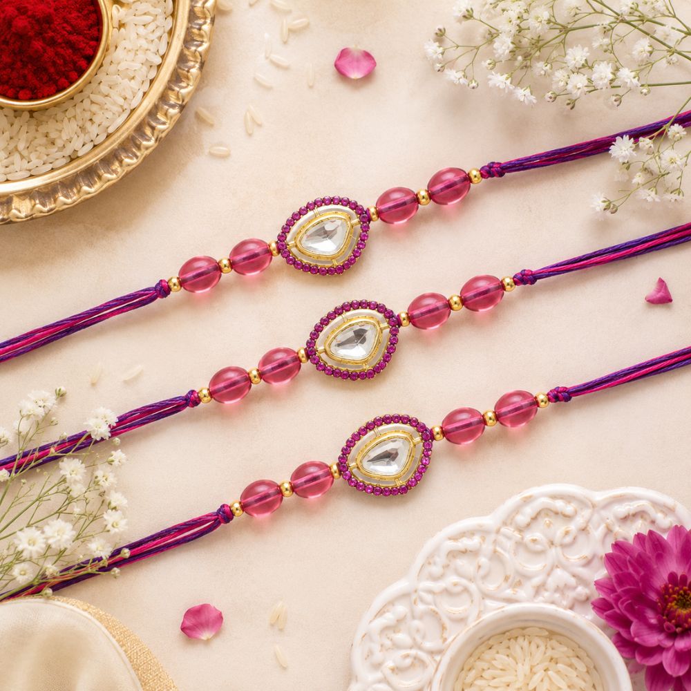 Beautiful Kundan & Pearl Rakhi with Roli Chawal & Card (Pack of 3)
