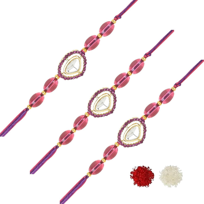 Beautiful Kundan & Pearl Rakhi with Roli Chawal & Card (Pack of 3)