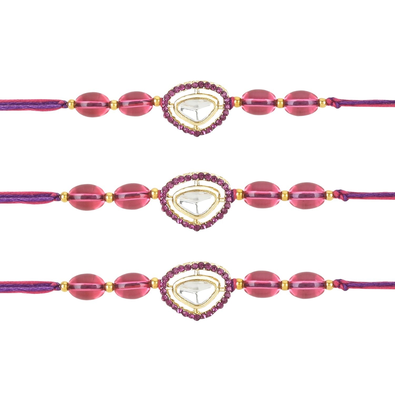 Beautiful Kundan & Pearl Rakhi with Roli Chawal & Card (Pack of 3)