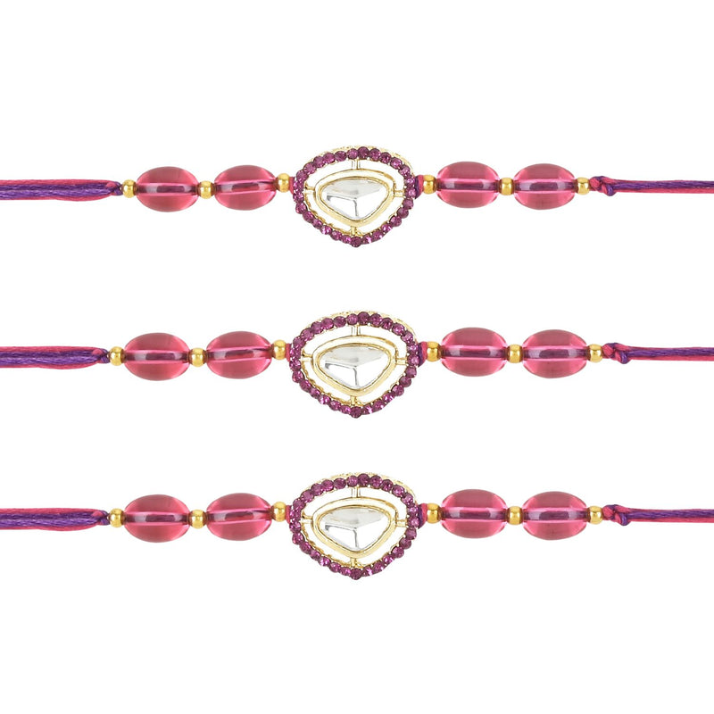 Beautiful Kundan & Pearl Rakhi with Roli Chawal & Card (Pack of 3)