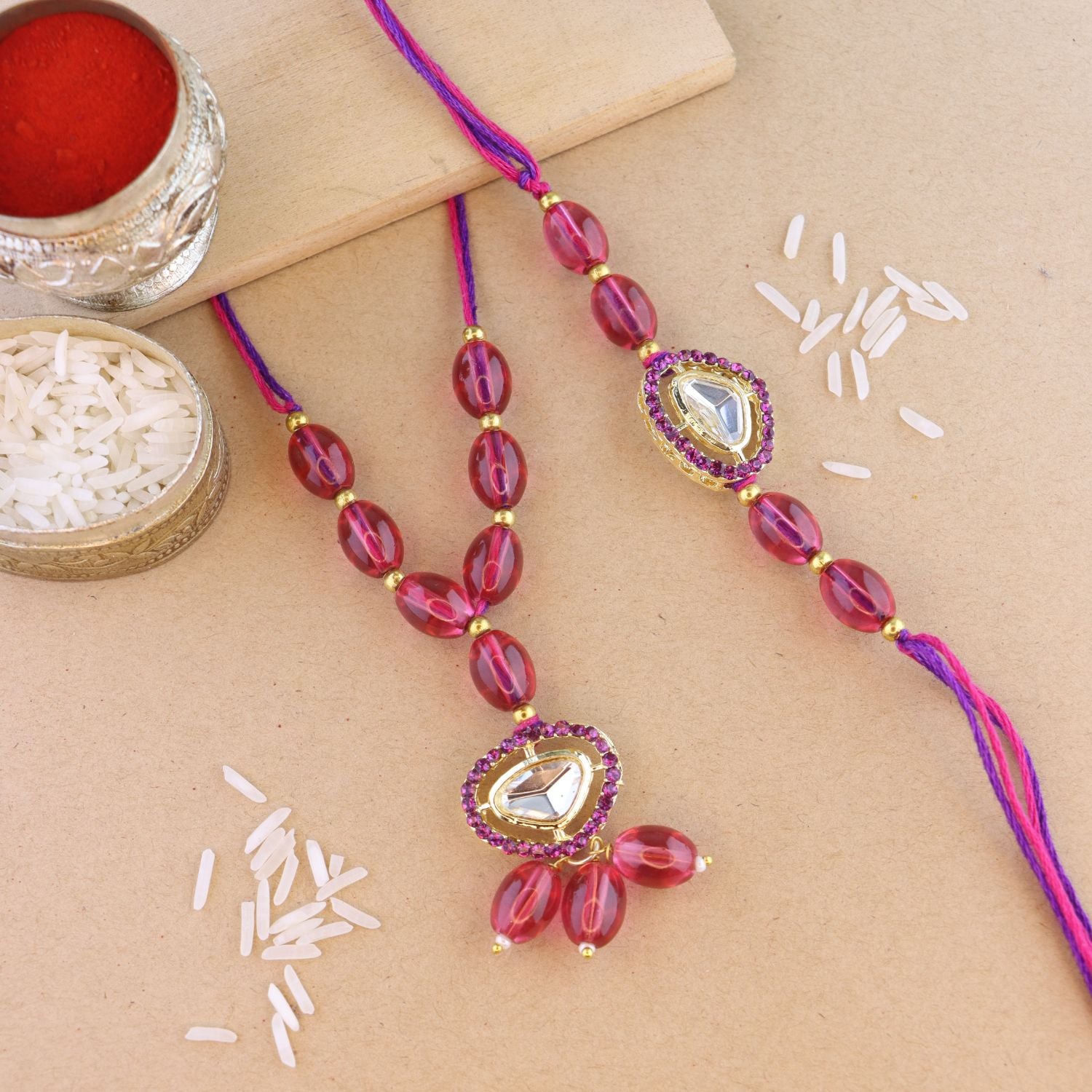 Elegant Bhaiya Bhabhi Lumba & Pearl Rakhi With Roli Chawal & Card