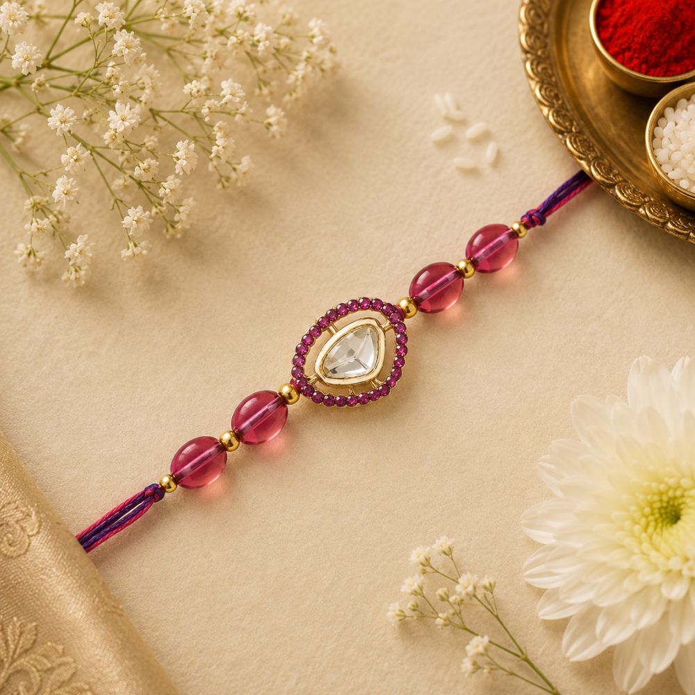Beautiful Kundan & Pearl Rakhi with Roli Chawal & Card