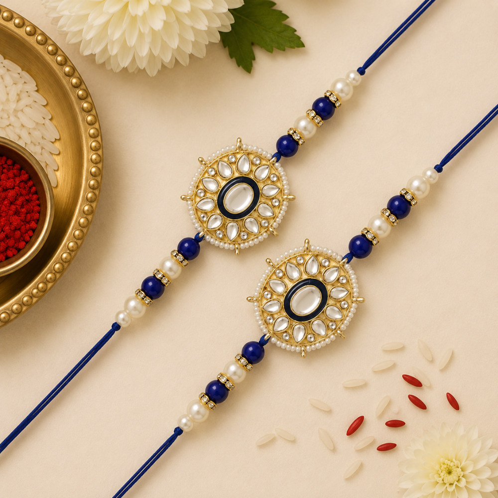 Beautiful Kundan & Pearl Beads Rakhi with Roli Chawal & Card (Pack of 2)