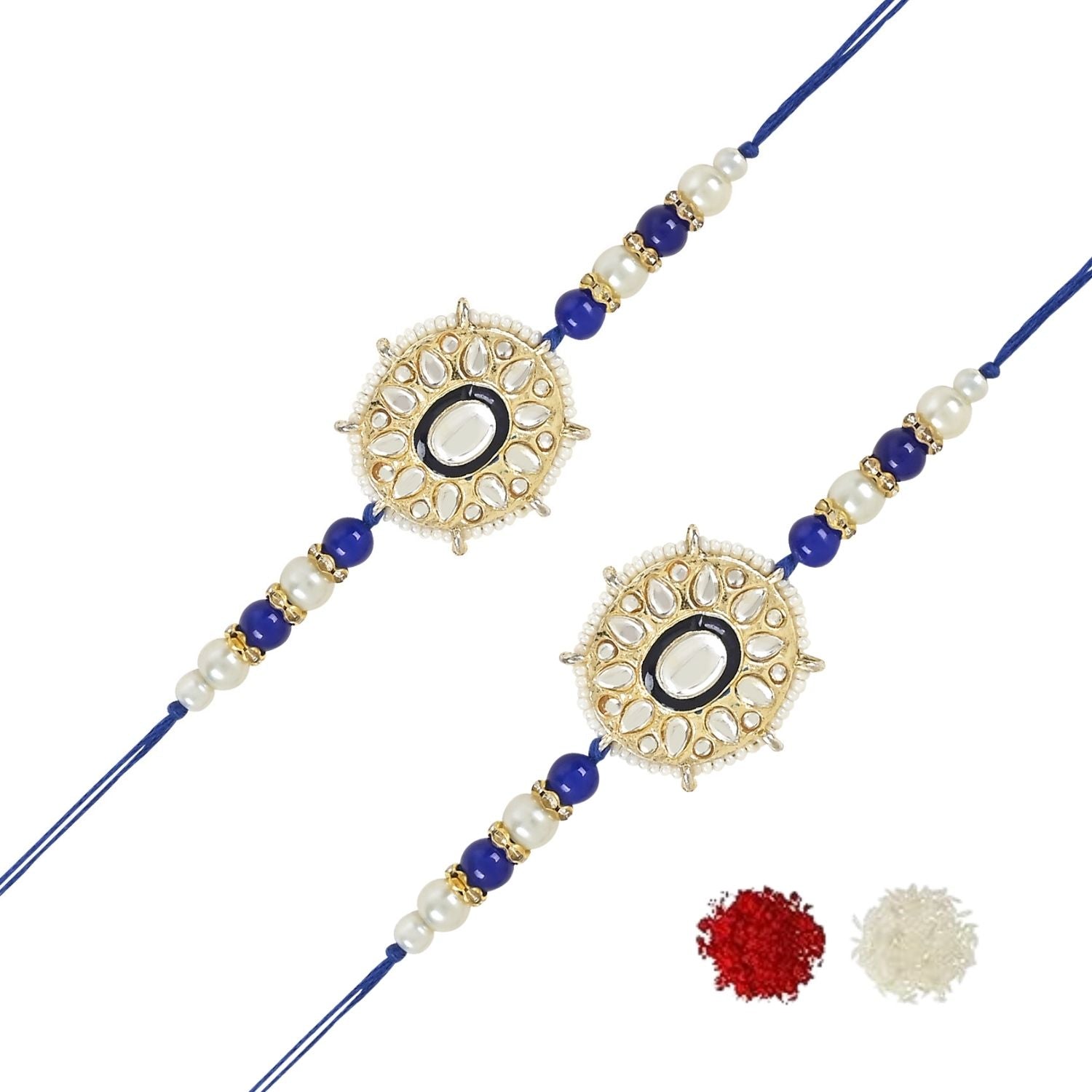 Beautiful Kundan & Pearl Beads Rakhi with Roli Chawal & Card (Pack of 2)