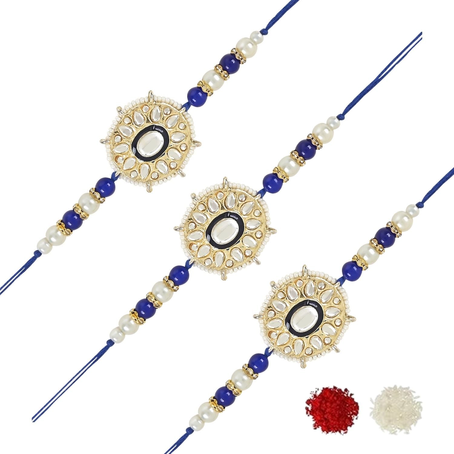 Beautiful Kundan & Pearl Beads Rakhi with Roli Chawal & Card (Pack of 3)