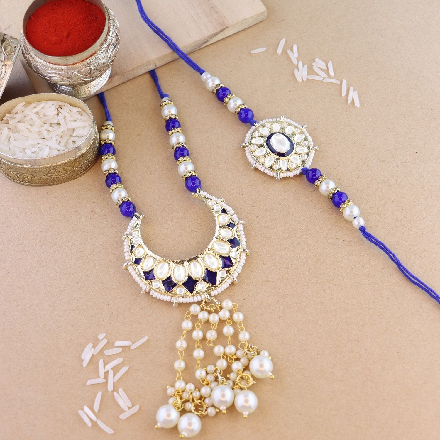 Elegant Bhaiya Bhabhi Lumba & Pearl Rakhi With Roli Chawal & Card