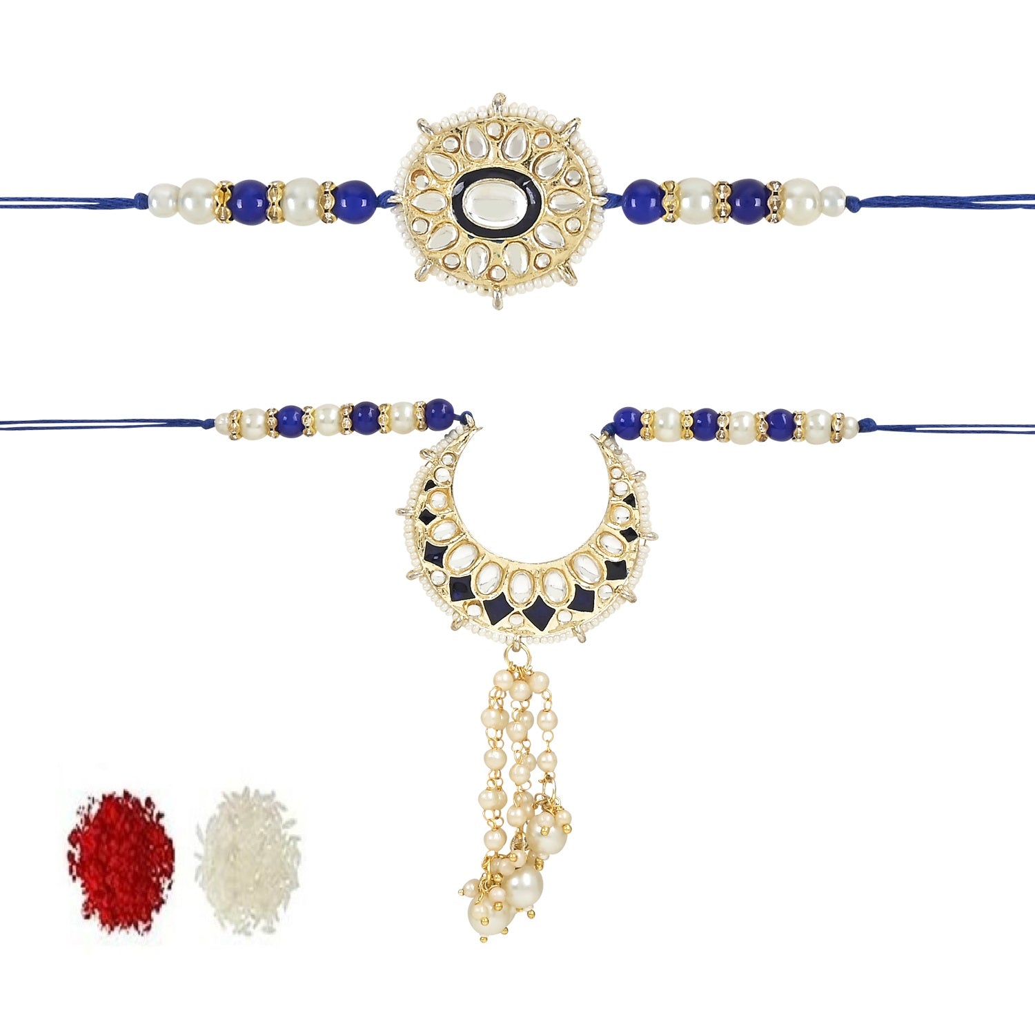 Elegant Bhaiya Bhabhi Lumba & Pearl Rakhi With Roli Chawal & Card