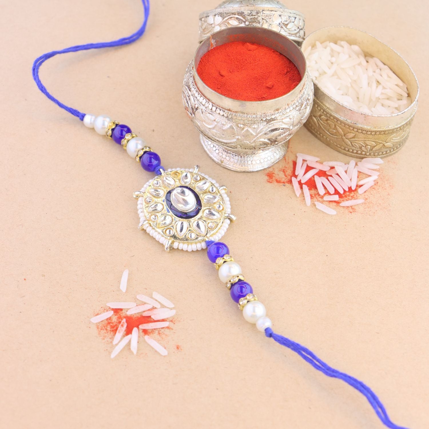 Beautiful Kundan & Pearl Beads Rakhi with Roli Chawal & Card
