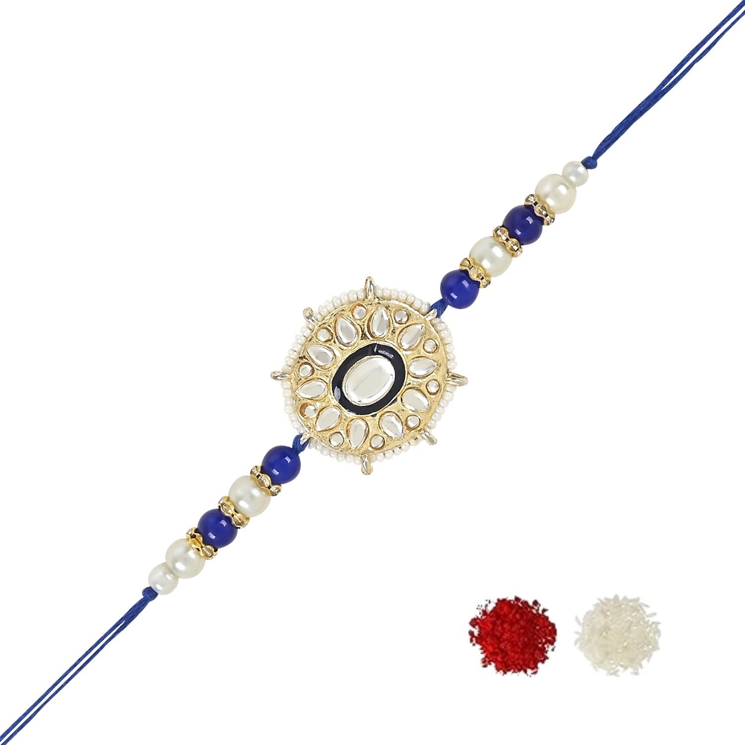 Beautiful Kundan & Pearl Beads Rakhi with Roli Chawal & Card