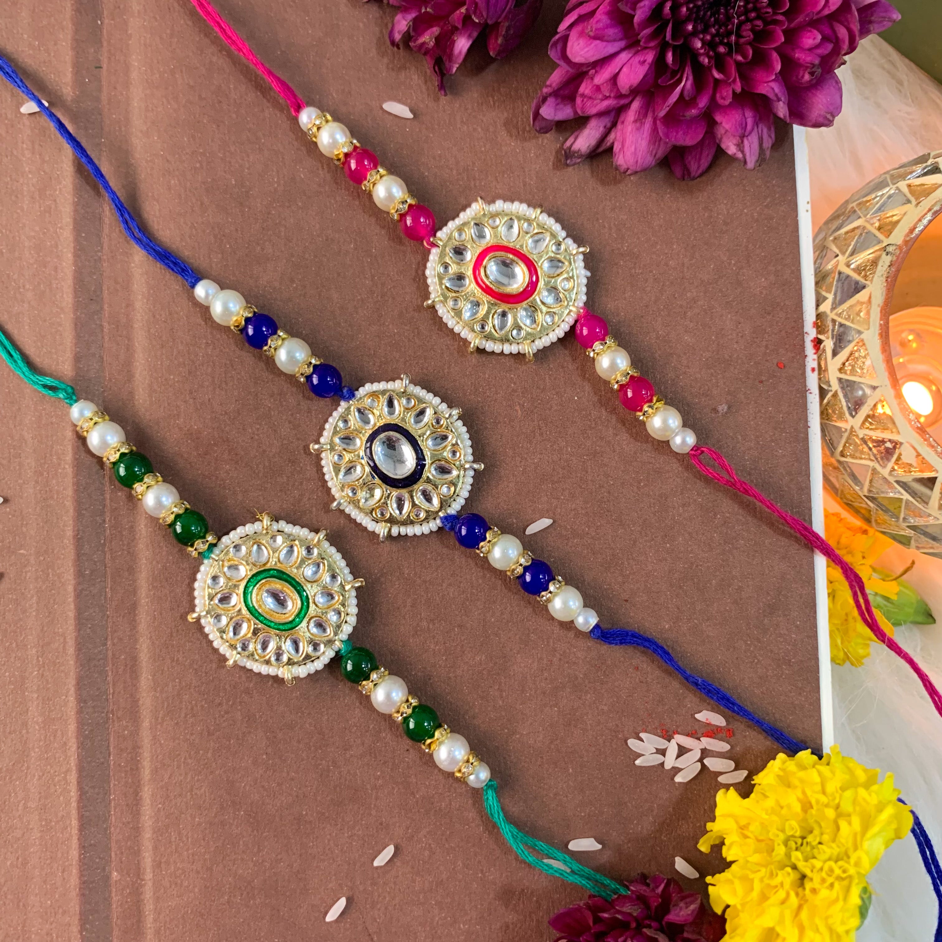 Beautiful Kundan & Pearl Beads Rakhi with Roli Chawal & Card (Pack of 3)
