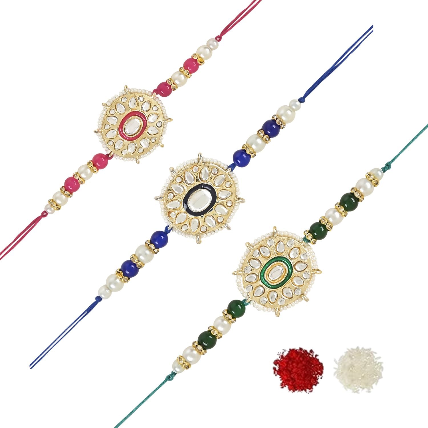 Beautiful Kundan & Pearl Beads Rakhi with Roli Chawal & Card (Pack of 3)