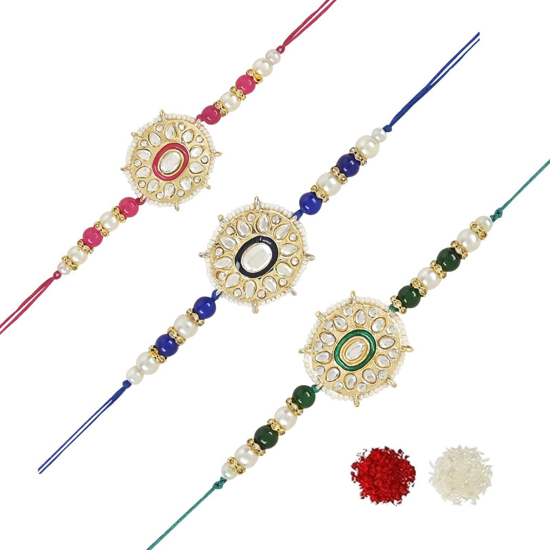 Beautiful Kundan & Pearl Beads Rakhi with Roli Chawal & Card (Pack of 3)