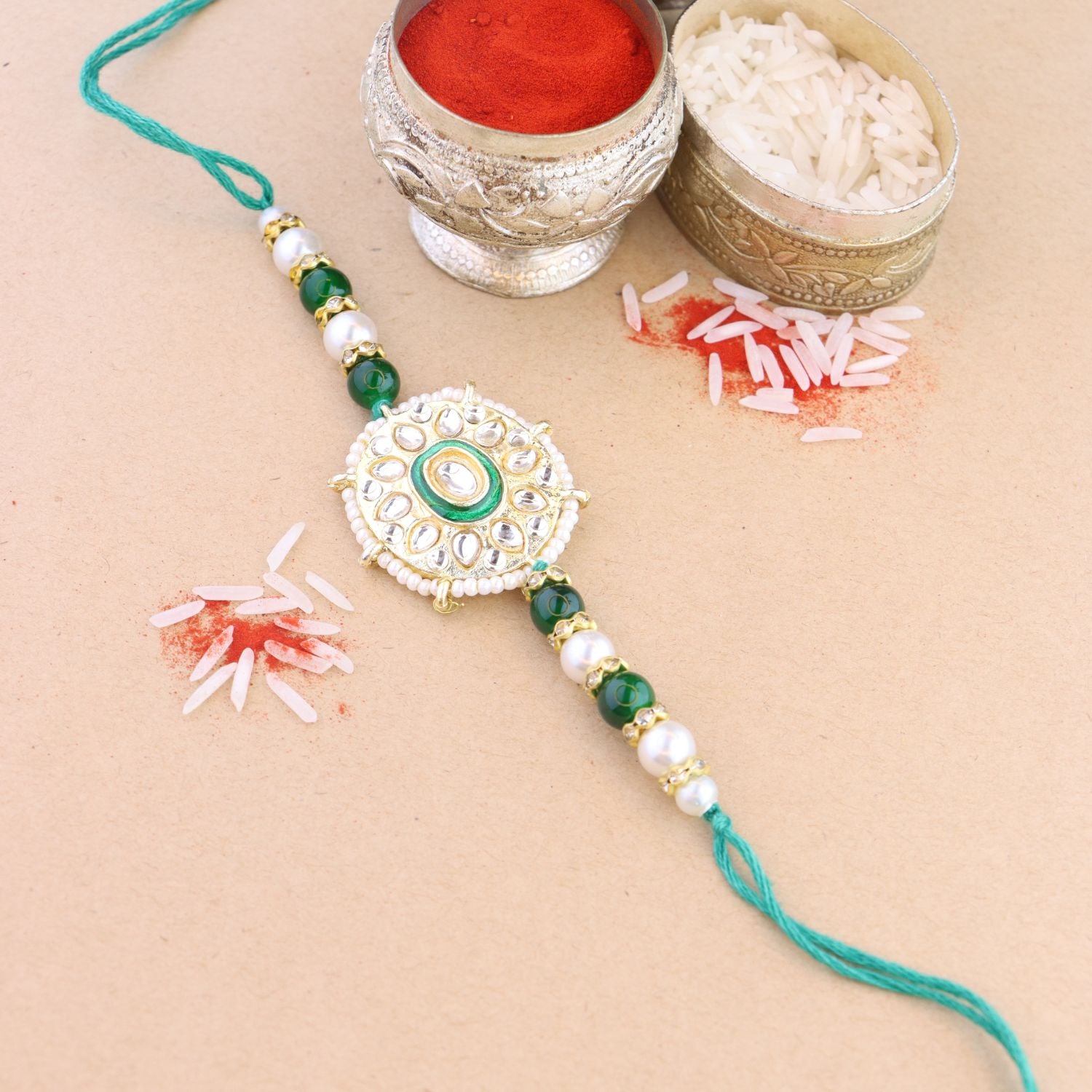 Beautiful Kundan & Pearl Beads Rakhi with Roli Chawal & Card