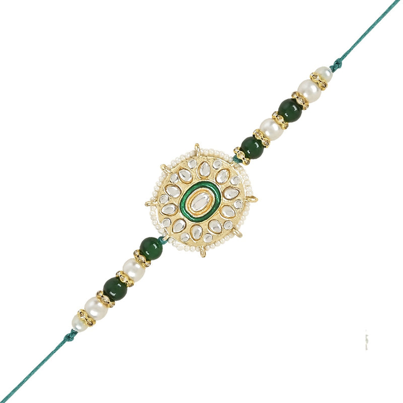 Beautiful Kundan & Pearl Beads Rakhi with Roli Chawal & Card