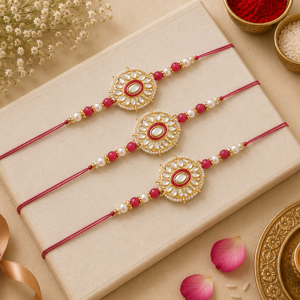 Beautiful Kundan & Pearl Beads Rakhi with Roli Chawal & Card (Pack of 3)