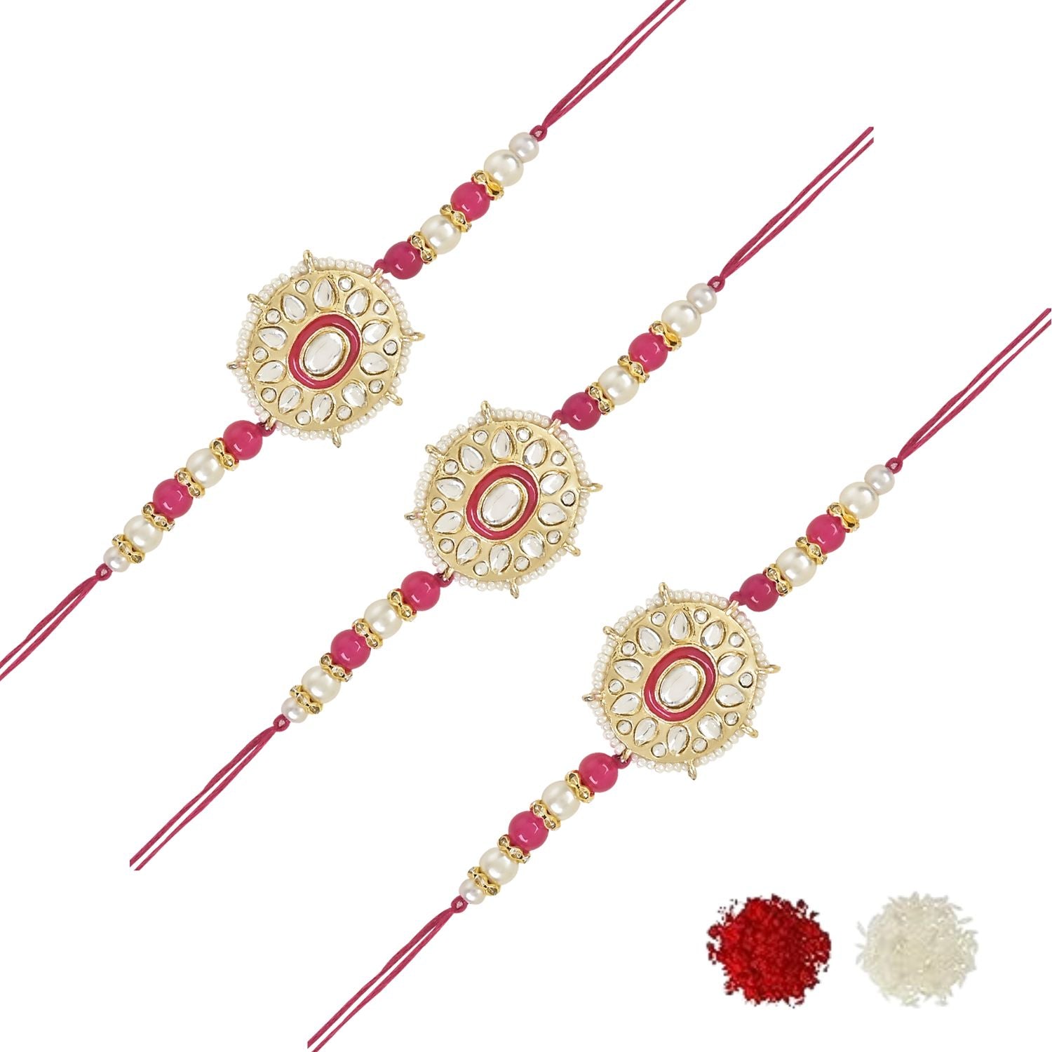 Beautiful Kundan & Pearl Beads Rakhi with Roli Chawal & Card (Pack of 3)