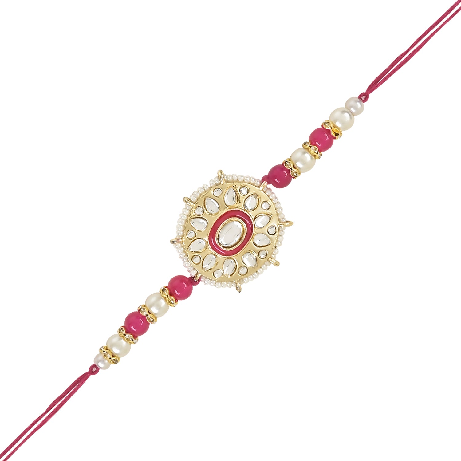 Beautiful Kundan & Pearl Beads Rakhi with Roli Chawal & Card (Pack of 3)