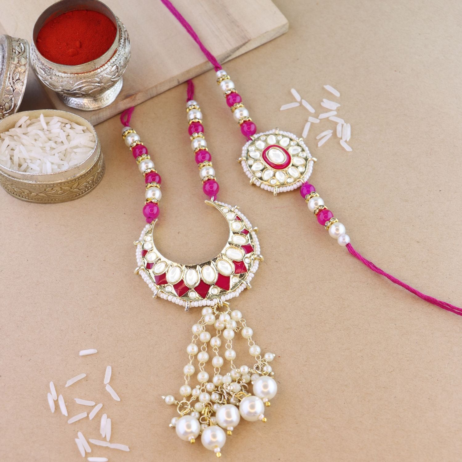 Elegant Bhaiya Bhabhi Lumba & Pearl Rakhi With Roli Chawal & Card