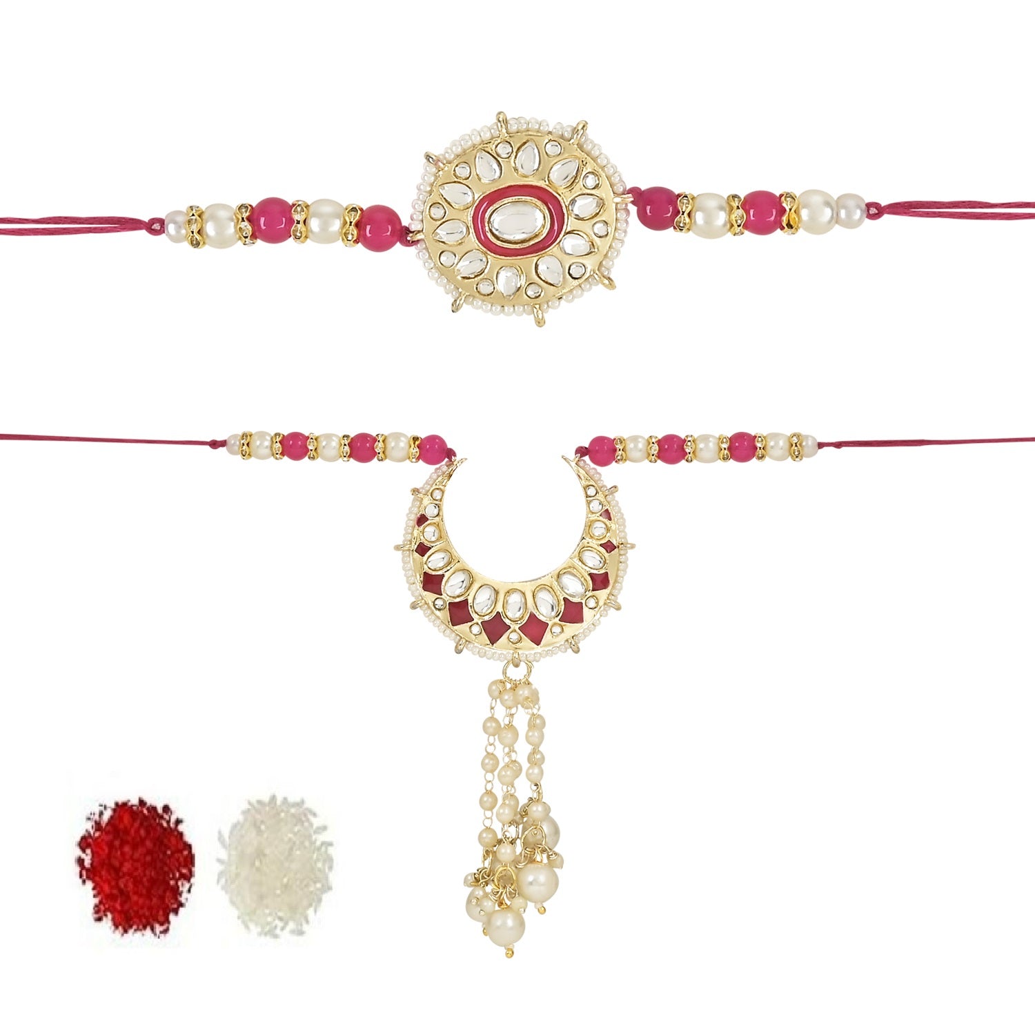 Elegant Bhaiya Bhabhi Lumba & Pearl Rakhi With Roli Chawal & Card