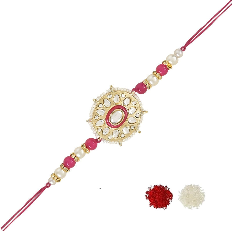 Beautiful Kundan & Pearl Beads Rakhi with Roli Chawal & Card